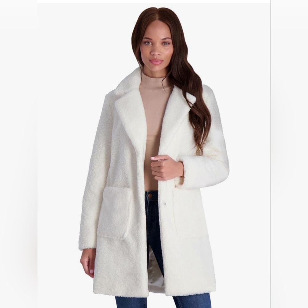 French Connection Faux Shearling Teddy Lapel Midi Coat in Winter White Size S